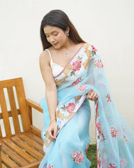 Opulent chikankari worked blue rich look pure organza saree