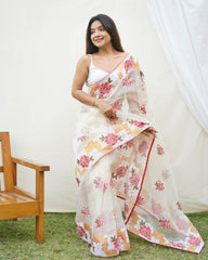 Opulent chikankari worked off white rich look pure organza saree