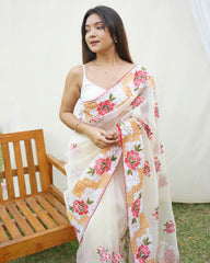 Opulent chikankari worked off white rich look pure organza saree