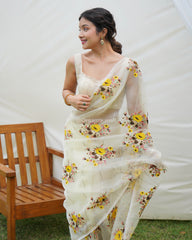 Alluring off-white chikankari worked pure organza saree