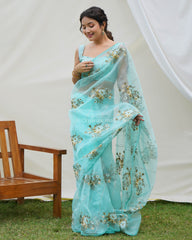 Alluring sky blue chikankari worked pure organza saree