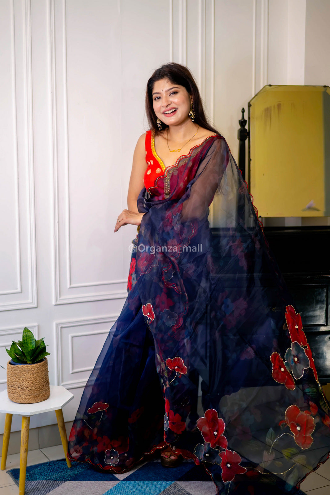 Navy Blue Organza Hand Embellished Saree Set Design by Jigar Mali at  Pernia's Pop Up Shop 2024