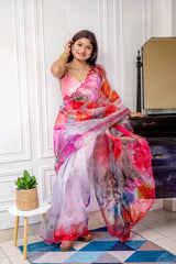 Serene hand work pure organza crepe pink saree