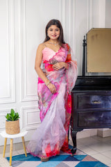 Serene hand work pure organza crepe pink saree