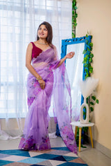 Resplendent hand work pure organza light lilac saree