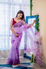 Resplendent hand work pure organza light lilac saree