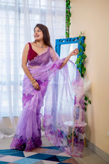 Resplendent hand work pure organza light lilac saree