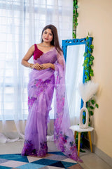 Resplendent hand work pure organza light lilac saree