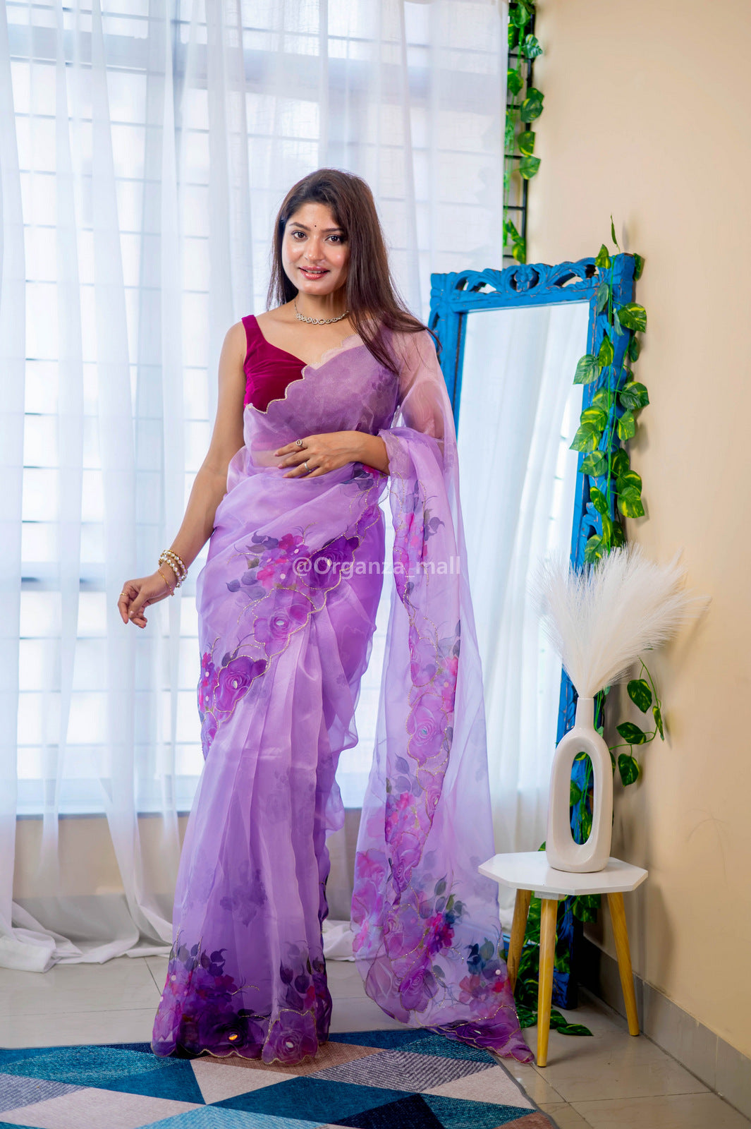 Resplendent hand work pure organza light lilac saree