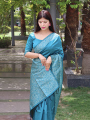 Adorned handloom rich pallu banarasi raw silk cerulean blue saree