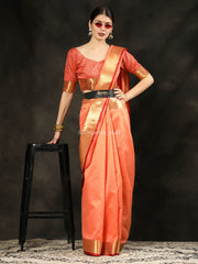 Adoring Assam Silk weaving on Orange zari worked saree