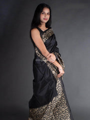 Flosive traditional golden zari work black soft banarasi saree