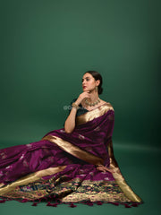 Affluent golden zari worked heavy banarasi indigo saree