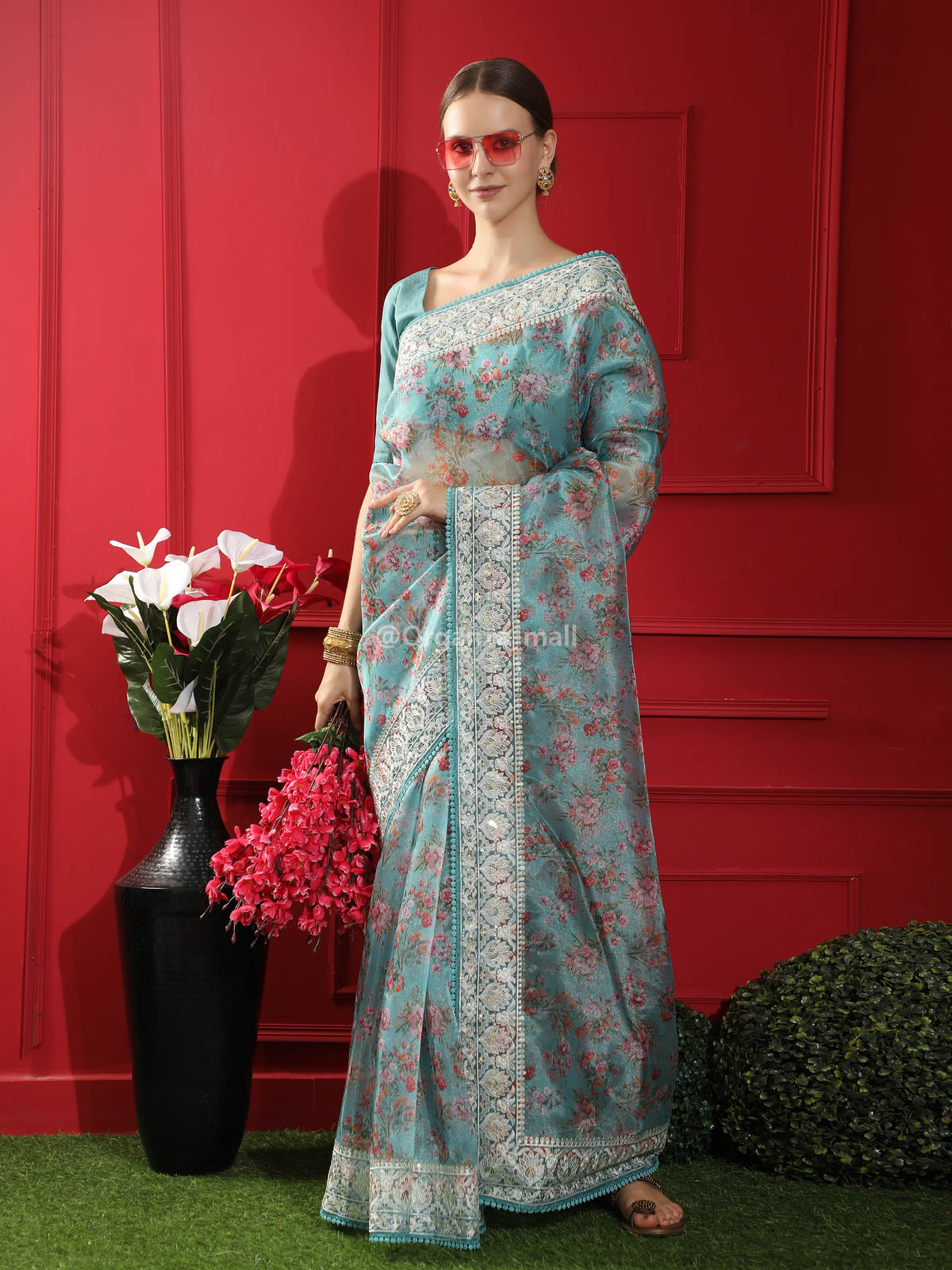 Substantial Floral print pure organza blue saree