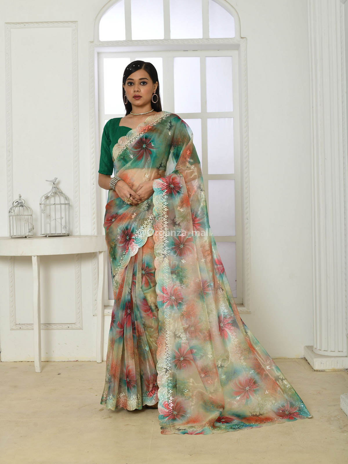 Prodigious Soft Pure Forest Green Organza embroidery worked silk saree