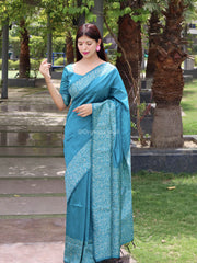 Adorned handloom rich pallu banarasi raw silk cerulean blue saree