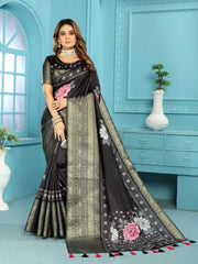 Affluent Mor Kalamkari Print Royal Black Heavy Banarasi Saree