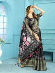 Affluent Mor Kalamkari Print Royal Black Heavy Banarasi Saree