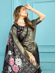 Affluent Mor Kalamkari Print Royal Black Heavy Banarasi Saree