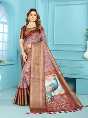 Affluent Mor Kalamkari Print Royal Brown Heavy Banarasi Saree