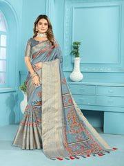 Affluent Mor Kalamkari Print Royal Grey Heavy Banarasi Saree