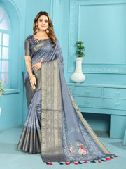 Affluent Mor Kalamkari Print Royal Grey Heavy Banarasi Saree