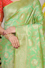 Stunning Lime Green Golden Zari Worked Heavy Banarasi Saree