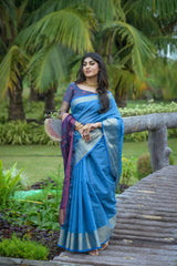 Embrace Elegance in this Cerulean Blue Chanderi Saree