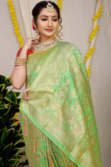 Stunning Lime Green Golden Zari Worked Heavy Banarasi Saree