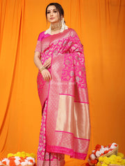 Couth Zari Botanical Printed Heavy Banarasi Hot Pink Saree