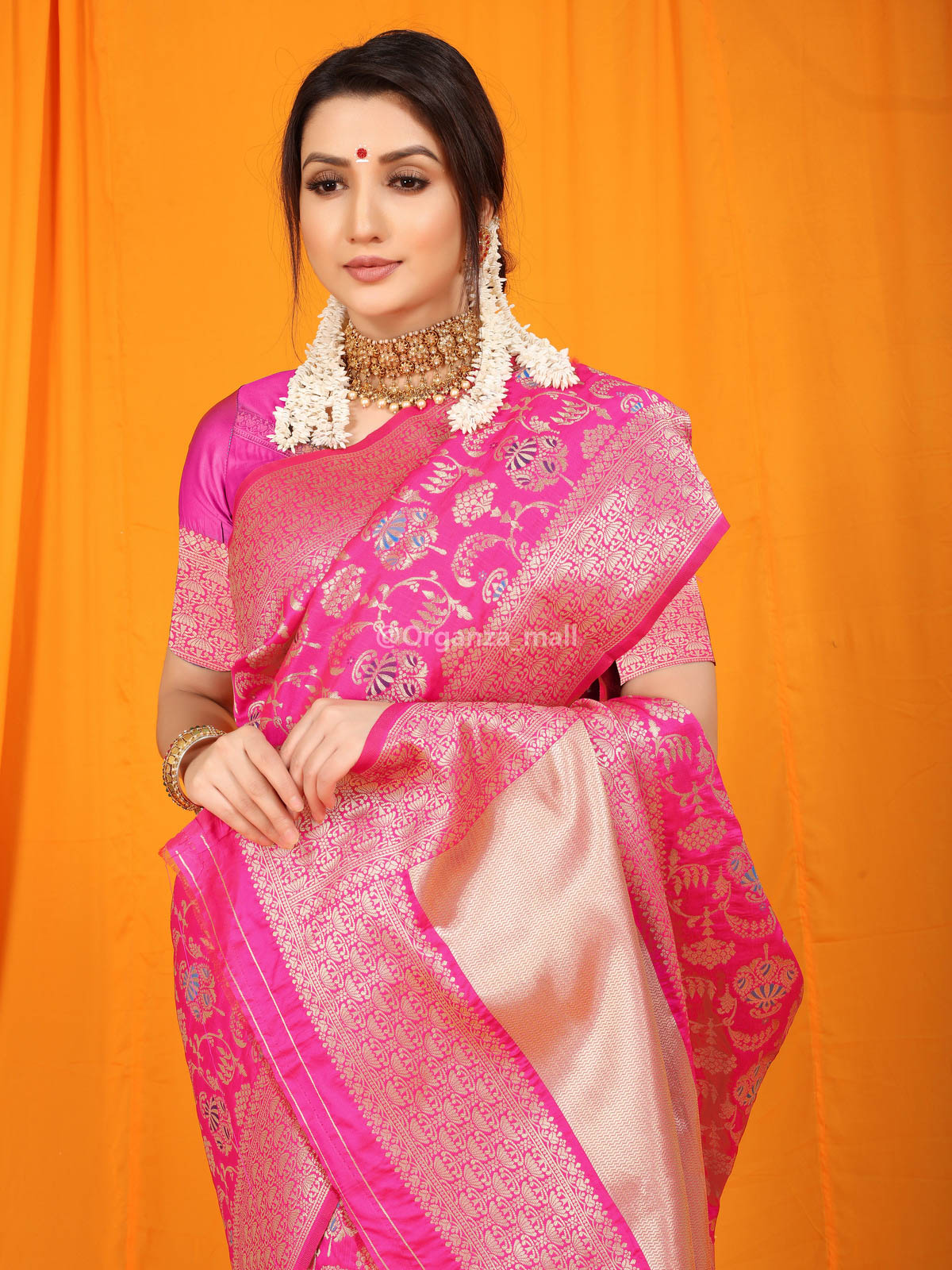 Fuchsia Pink Satin Silk Banarasi Saree - Urban Womania