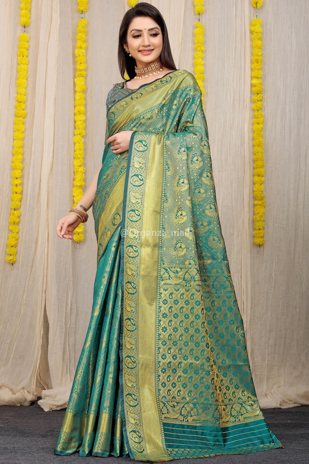 Unveiled Elegance Golden Worked Rama Heavy Banarasi Saree