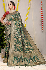 Stunning Forest Green Golden Zari Worked Heavy Banarasi Saree