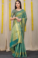 Unveiled Elegance Golden Worked Rama Heavy Banarasi Saree