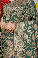 Stunning Forest Green Golden Zari Worked Heavy Banarasi Saree