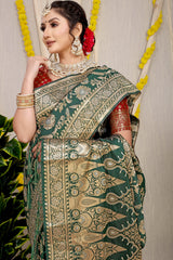 Stunning Forest Green Golden Zari Worked Heavy Banarasi Saree