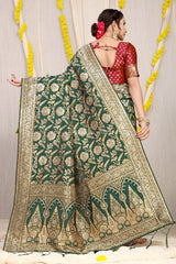 Stunning Forest Green Golden Zari Worked Heavy Banarasi Saree