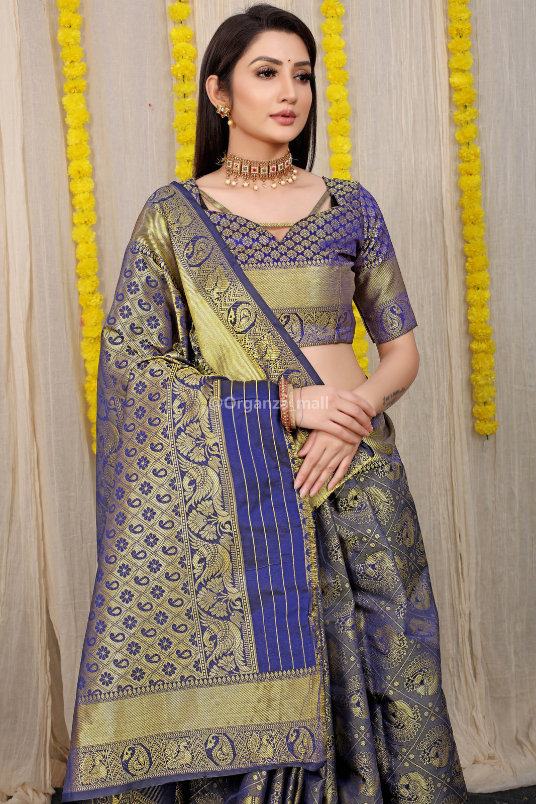 Buy Royal Blue Saree Blouse Online in USA with Golden Embroidery – Pure  Elegance