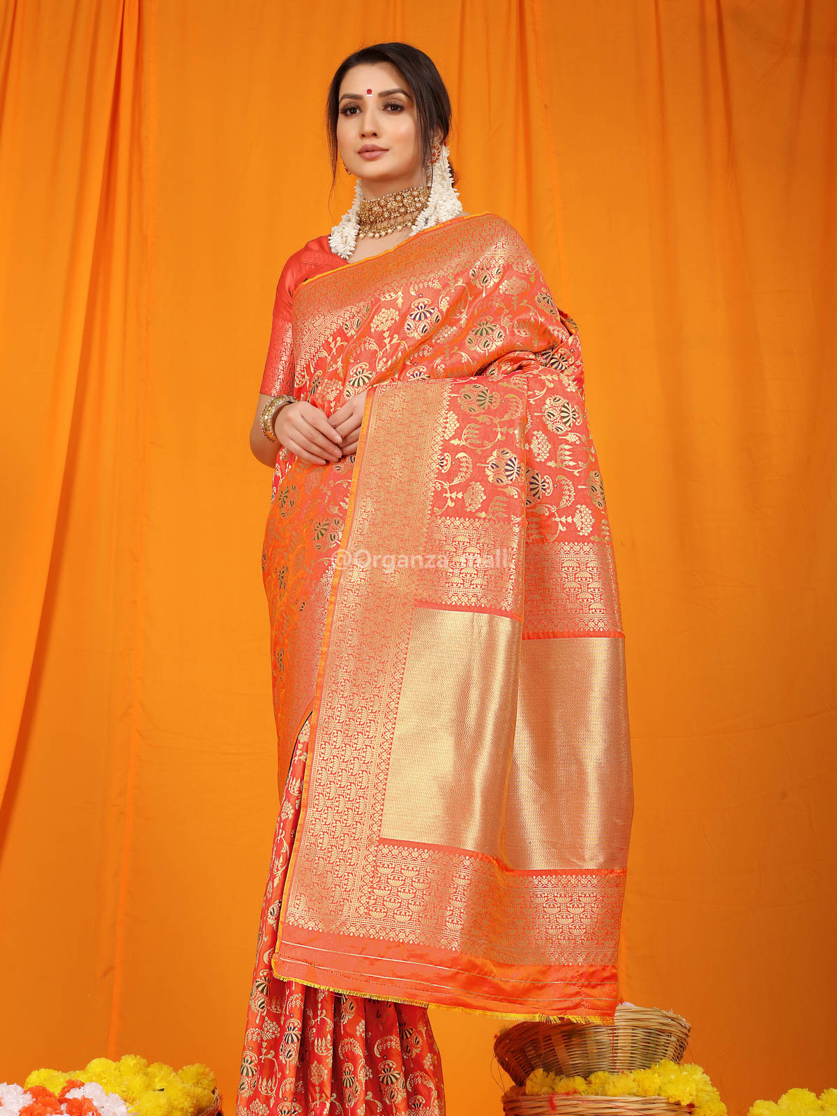 Couth Zari Botanical Printed Heavy Banarasi Orange Saree