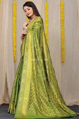 Unveiled Elegance Golden Worked Green Heavy Banarasi Saree