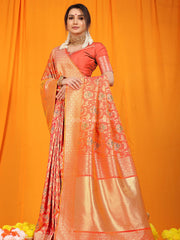 Couth Zari Botanical Printed Heavy Banarasi Orange Saree