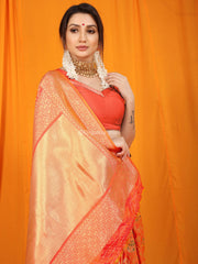 Couth Zari Botanical Printed Heavy Banarasi Orange Saree