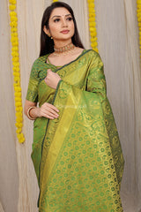 Unveiled Elegance Golden Worked Green Heavy Banarasi Saree