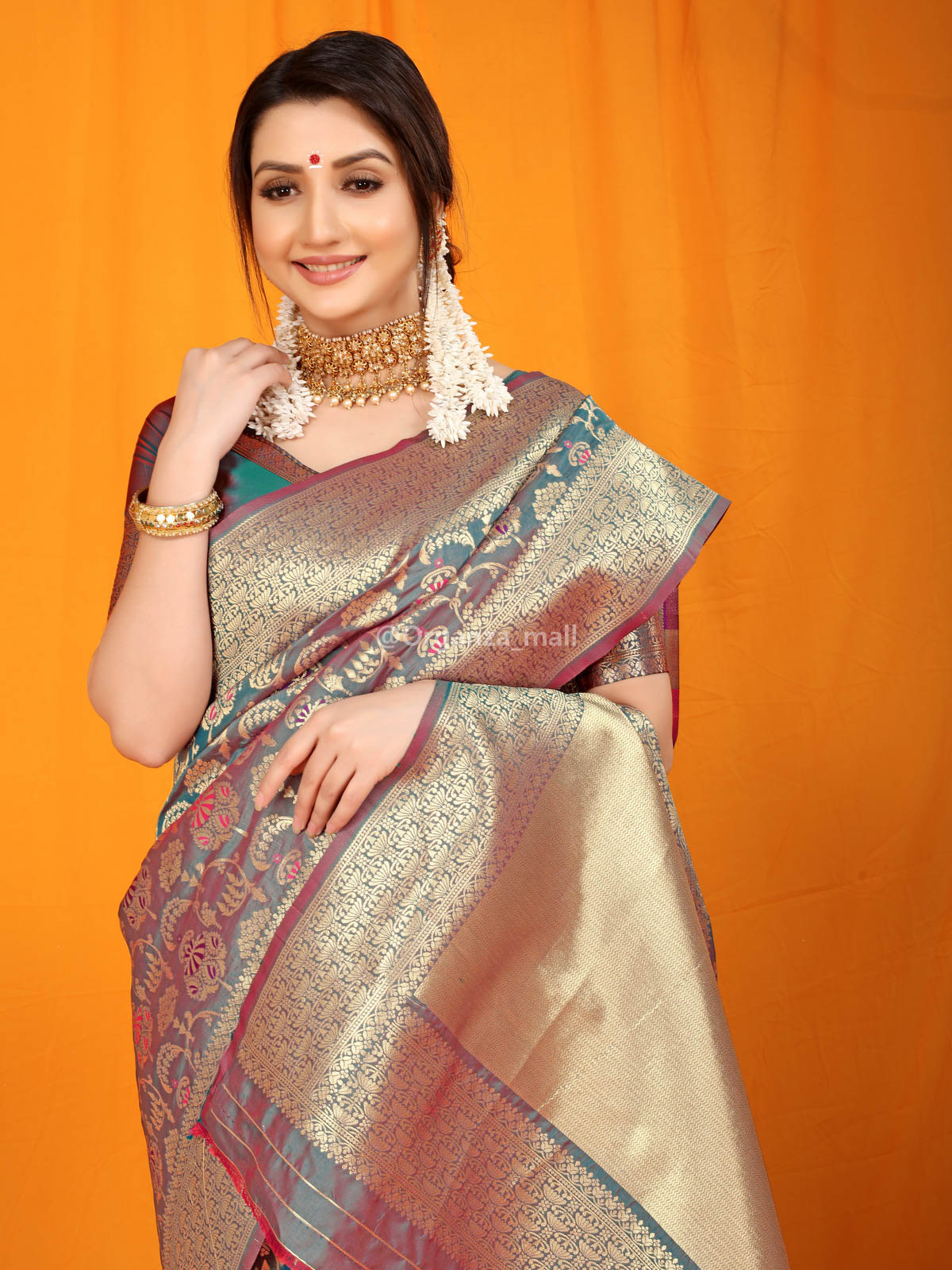 Shop Radiant Pure Soft Silk Saree in Rama and Gajri with Engrossing Blouse  – Glamatyou Fashion