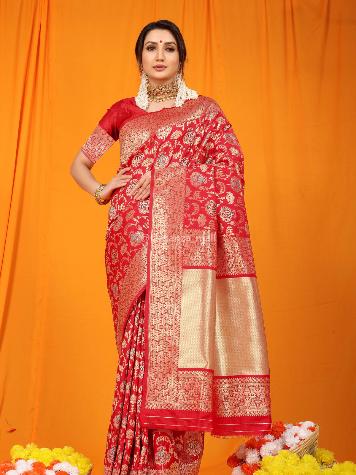 Couth Zari Botanical printed Heavy Banarasi Scarlet Red Saree