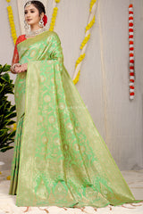 Stunning Lime Green Golden Zari Worked Heavy Banarasi Saree