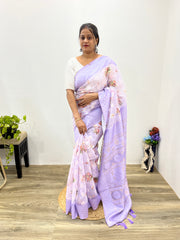 Modal Chanderi Golden Zari Floral Printed Light Lavender Saree