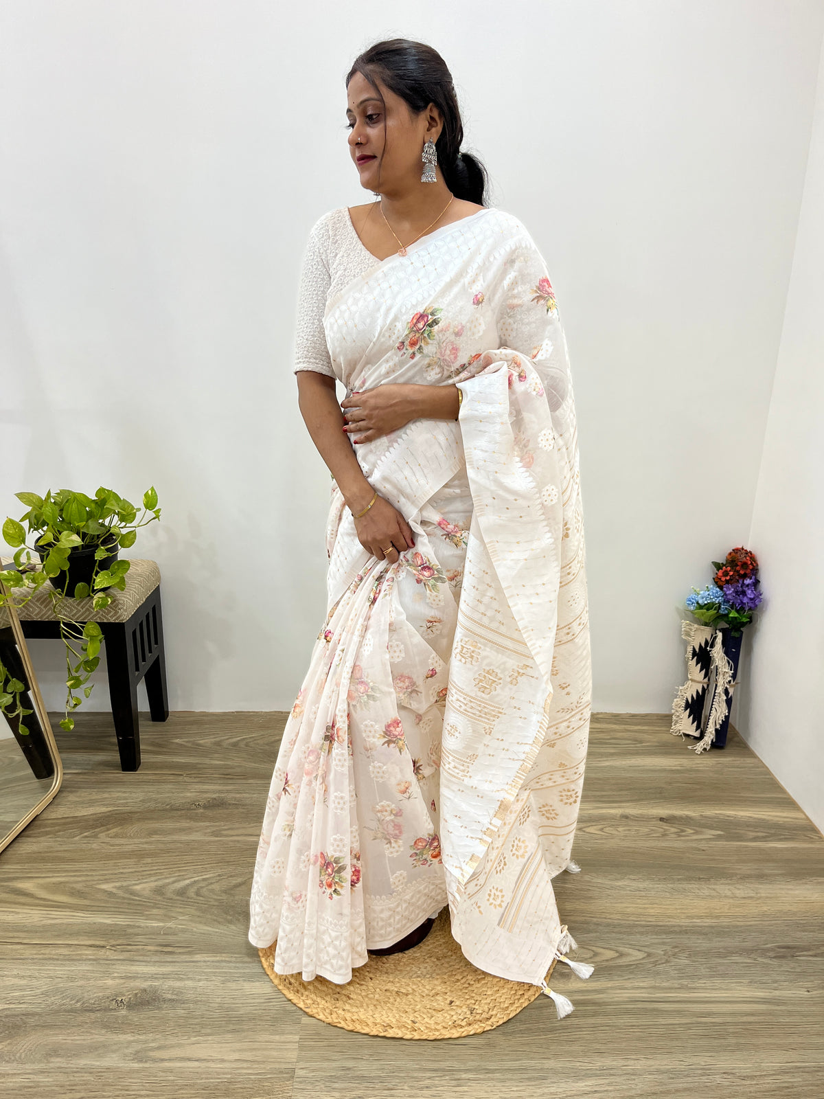 Modal Chanderi Golden Zari Floral Printed Off White Saree