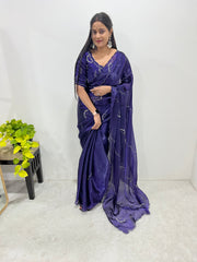 Navy Blue Color Handmade Work Orgazna Silk Saree