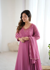 Woman Raspberry Rose Pure Georgette Handwork Anarkali